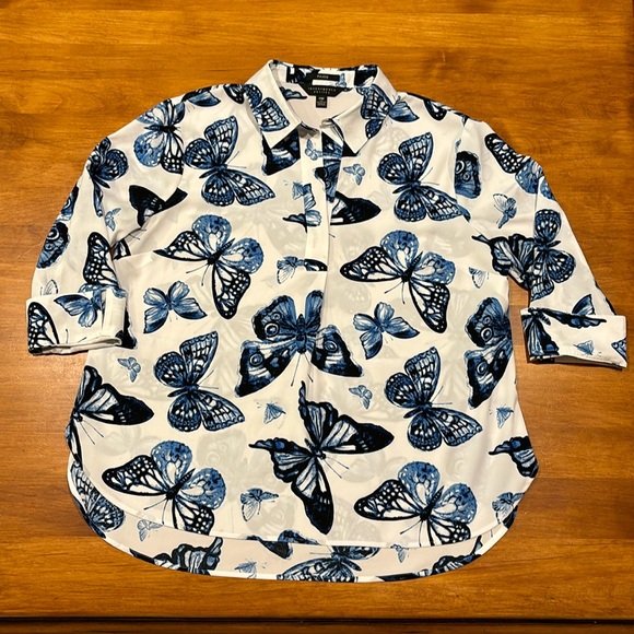 PAIGE BLOUSE TUNIC COLLAR 3/4 SLEEVE WHITE INDIGO BUTTERFLY SIDE FLAP SIZE PM - Picture 1 of 8